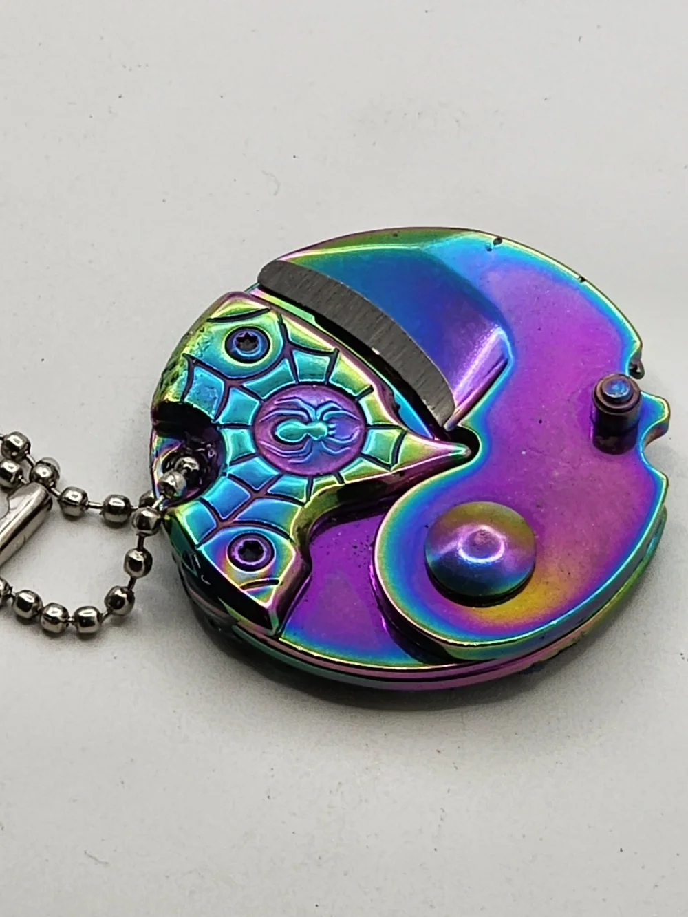 Iridescent Spider Disc Keychain Knife with Crystal Accents